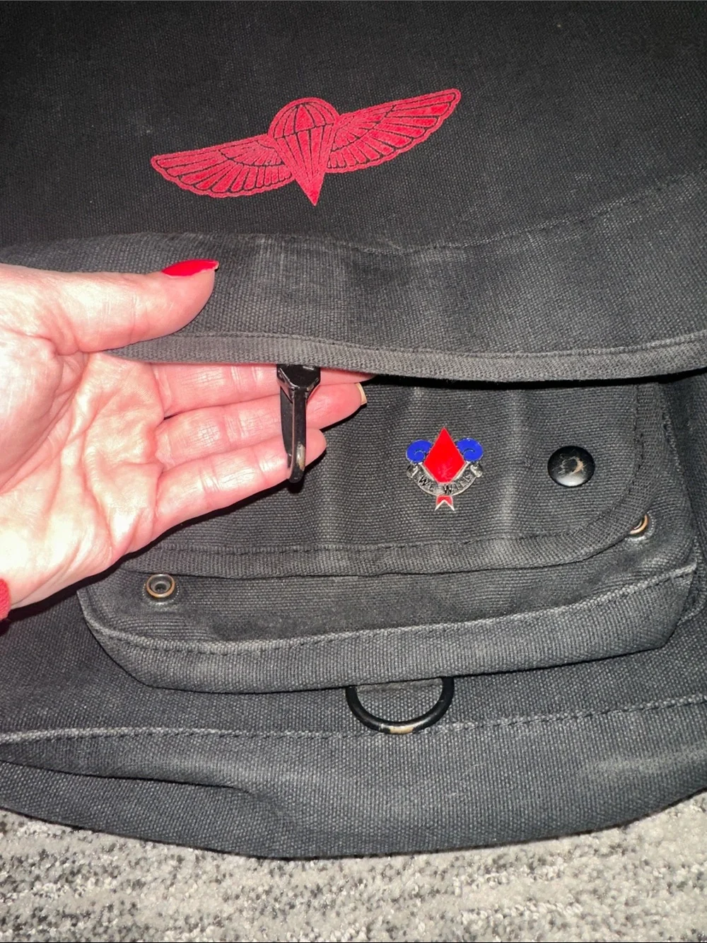 Parajumpers Vintage Black Canvas Messenger Bag with 5th Infantry Army Pin